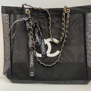 CC VIP Gift Boutique Black Mesh Tote with Pouch w/Gold Hardware Straps